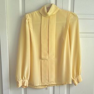 Vintage Butter Yellow Long Sleeve Silky Blouse Button Back Pleat Front